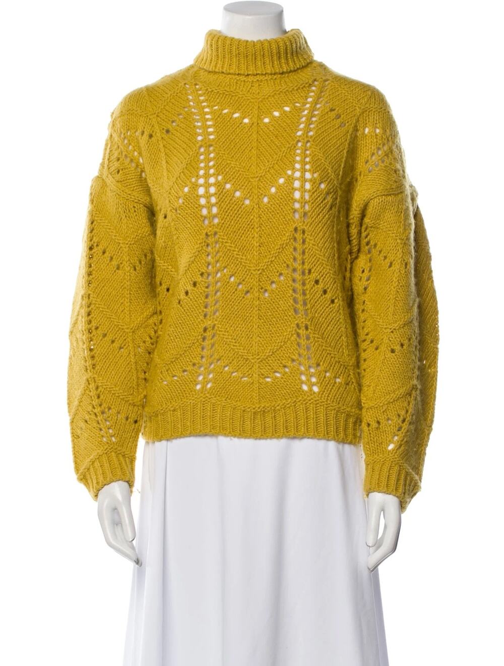IRO (XS) Mustard Yellow Open Knit Turtleneck Sweater - Oversized Fit, Luxury